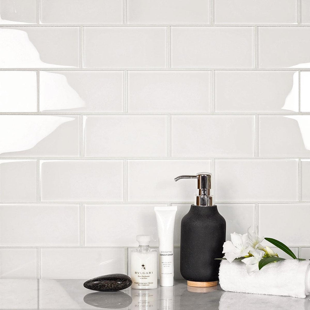 Polished Glass White Subway Tile Bathroom Wall