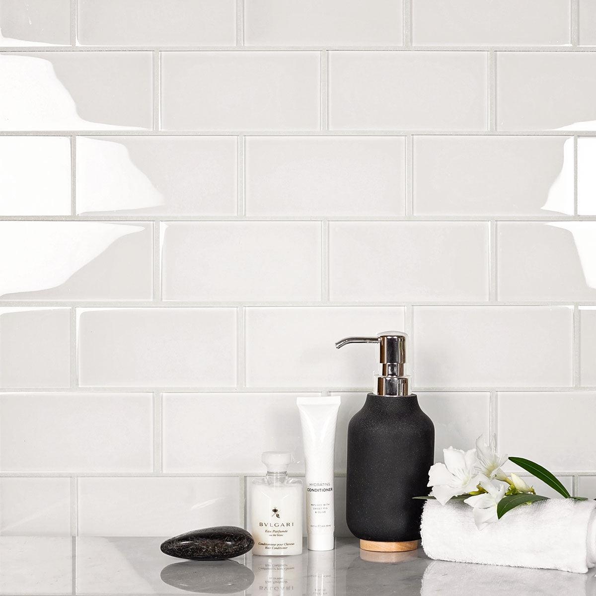 Polished Glass White Subway Tile Bathroom Wall