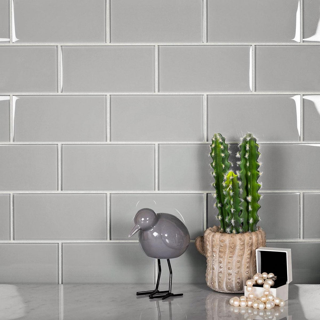 Glacier Aura Gray 3X6 Polished Glass Tile Subway Layout