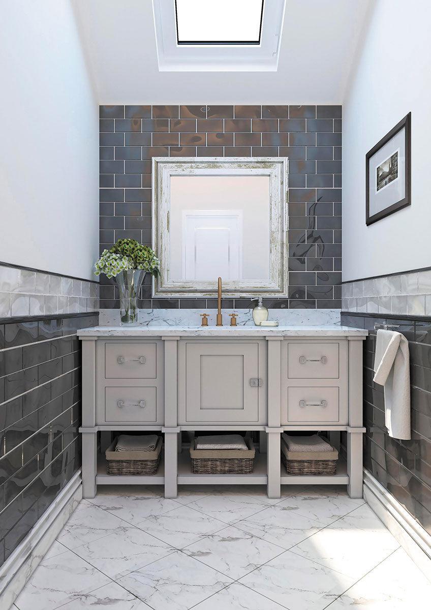 Glacier Ash Gray Polished Glass Subway Tiles for a Petite Powder Room