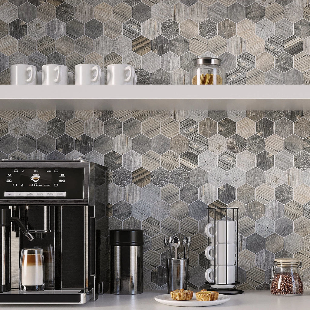 Reclaimed wood-look hexagon tile coffee bar