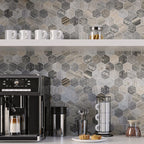 Reclaimed wood-look hexagon tile coffee bar