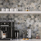 Reclaimed wood-look hexagon tile coffee bar