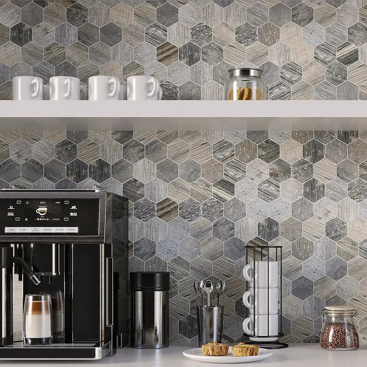 Reclaimed wood-look hexagon tile coffee bar