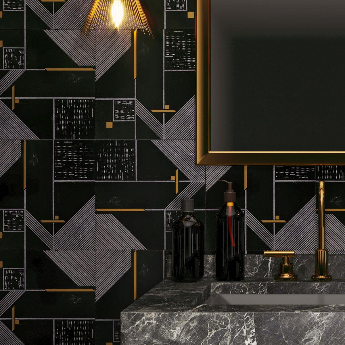 Abstreat geometric decorative tile with black marble and brass inlay