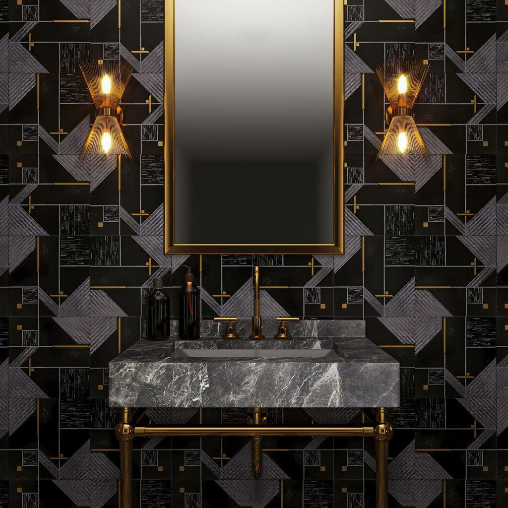 Geo Deco Black Marble and Brass Inlay Tile | Tile Club