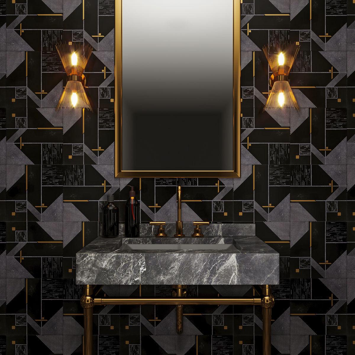 Geo Deco Black Marble and Brass Inlay Tile | Tile Club