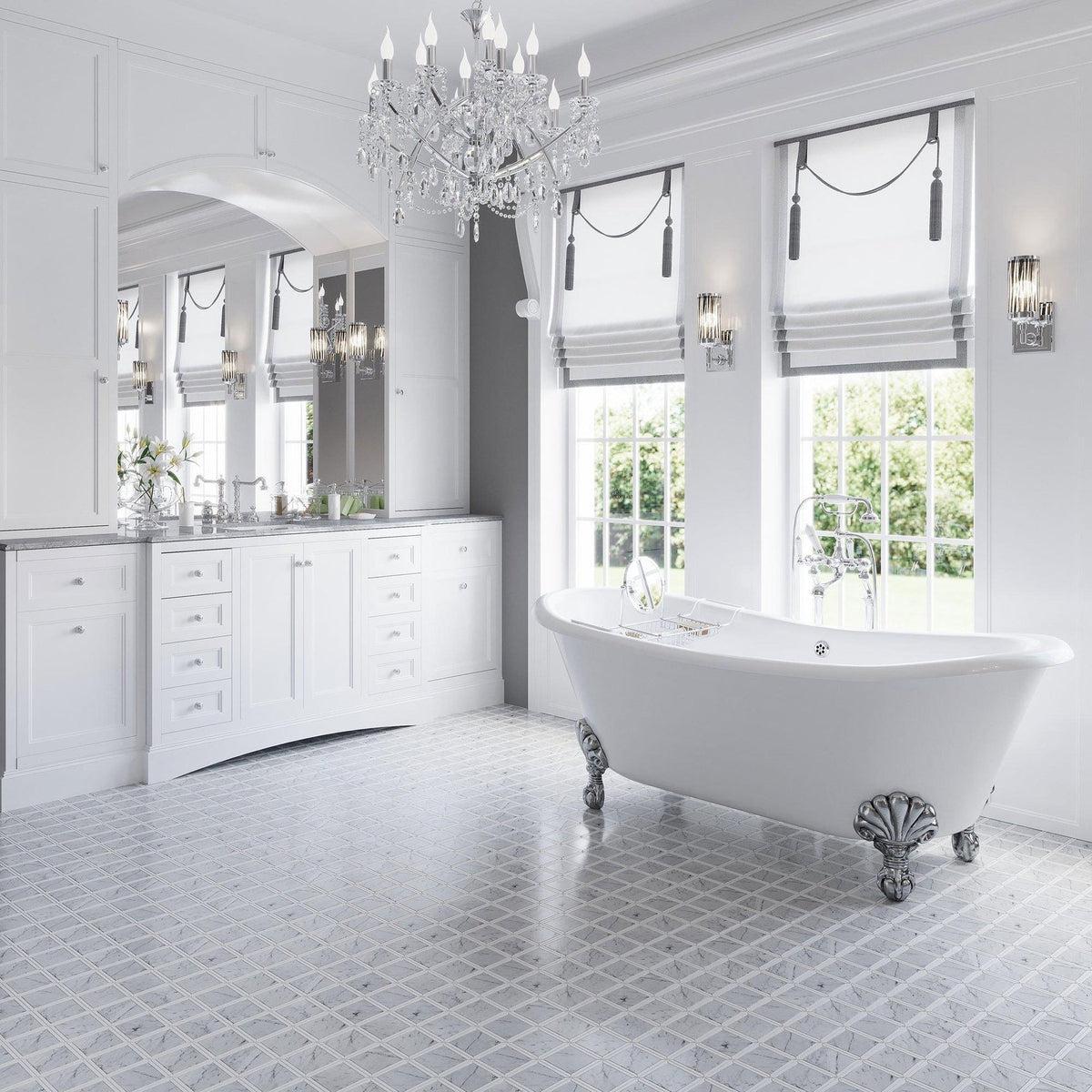 Elegant Marble Bathroom Floor for an All-White Glam Room with Clawfoot Freestanding Tub
