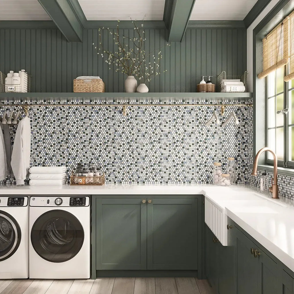 Geometria Marble Multicolor Penny Mosaic Tile | Tile Club