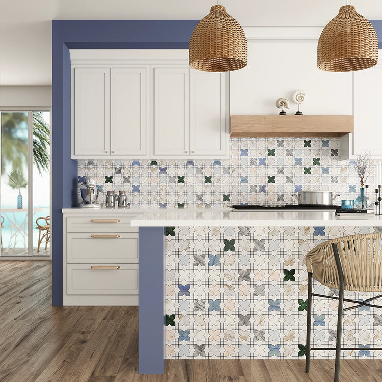 Blue coastal kitchen with multicolor star and cross marble mosaic tile on the bar and backsplash