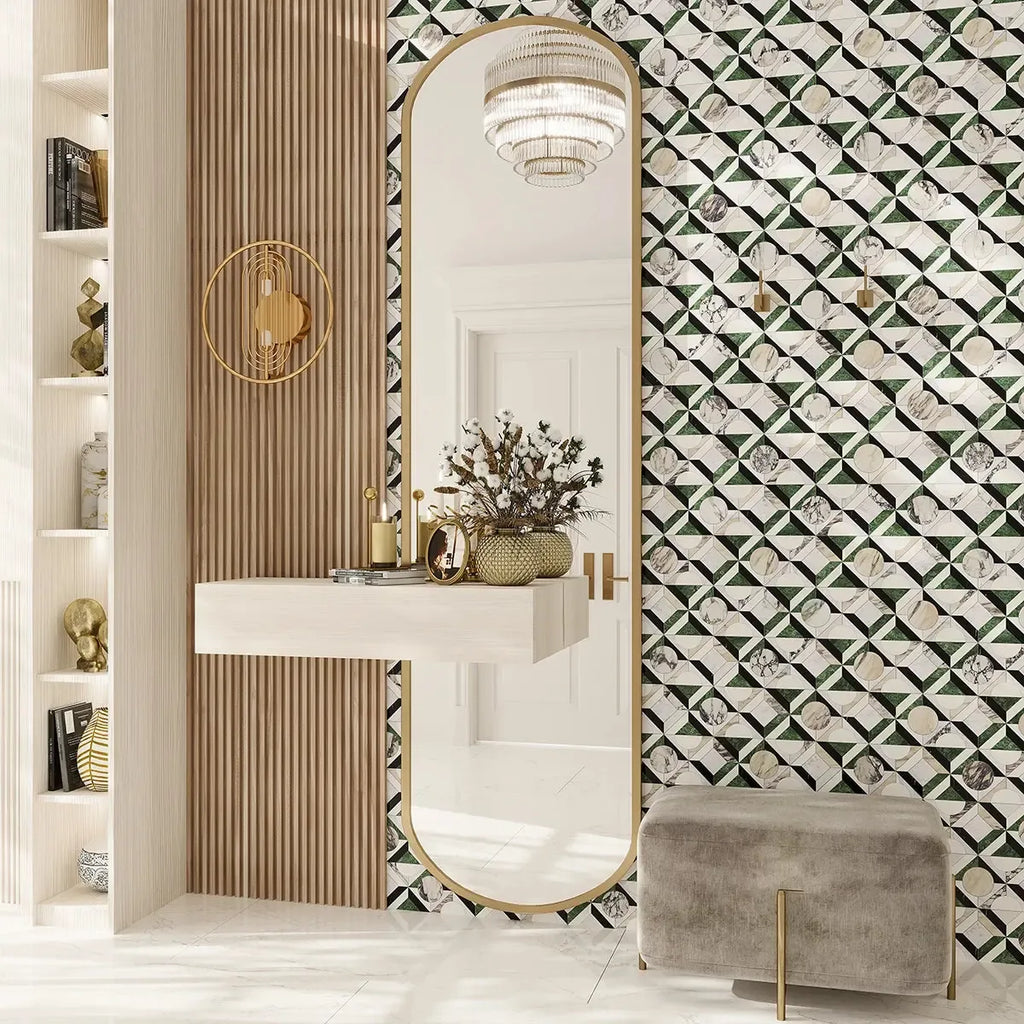 Geometria Marble Split Moon Mosaic Tile | Tile Club