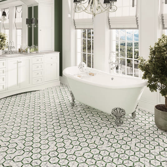 Beautiful green and white marble mosaic bathroom floor