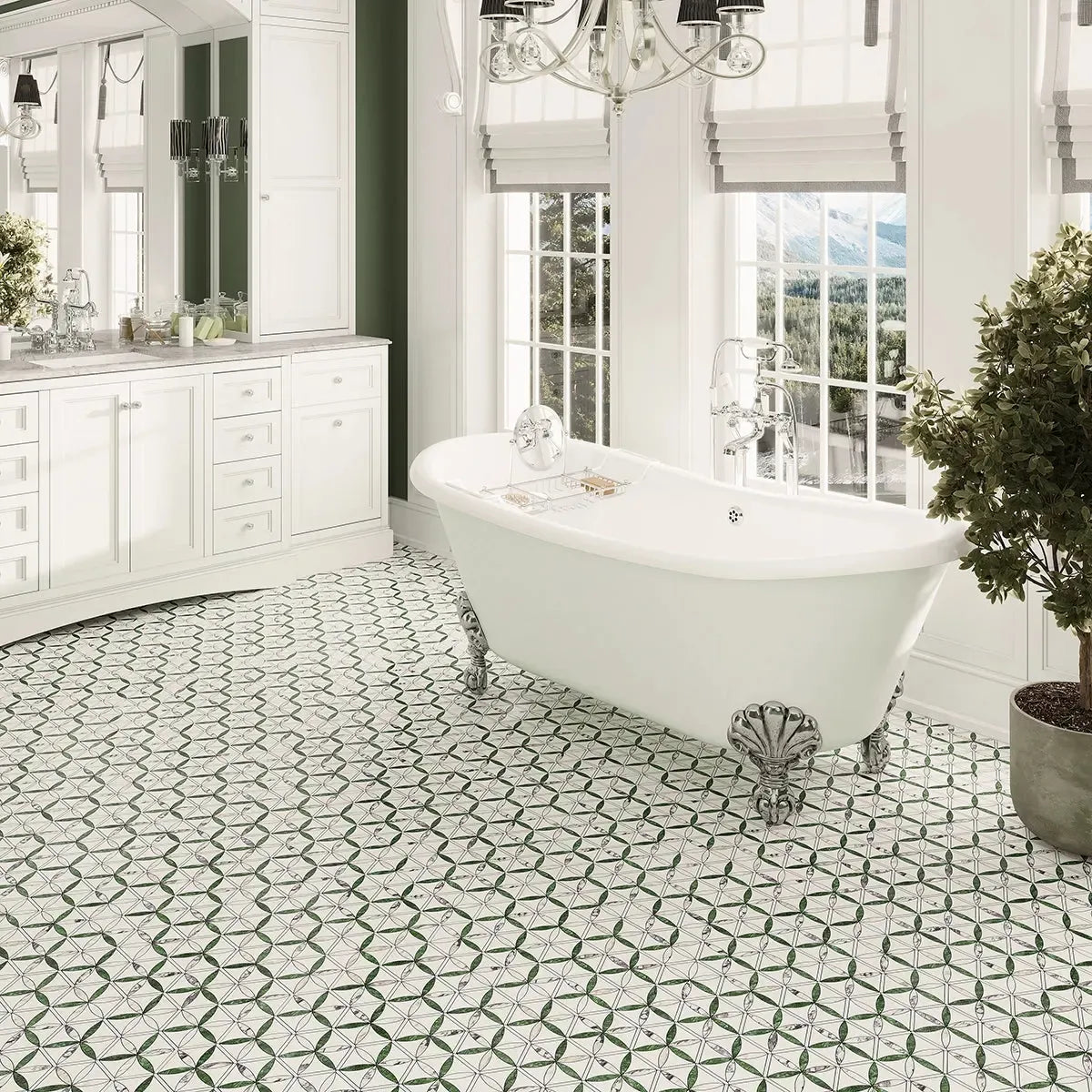 Beautiful green and white marble mosaic bathroom floor