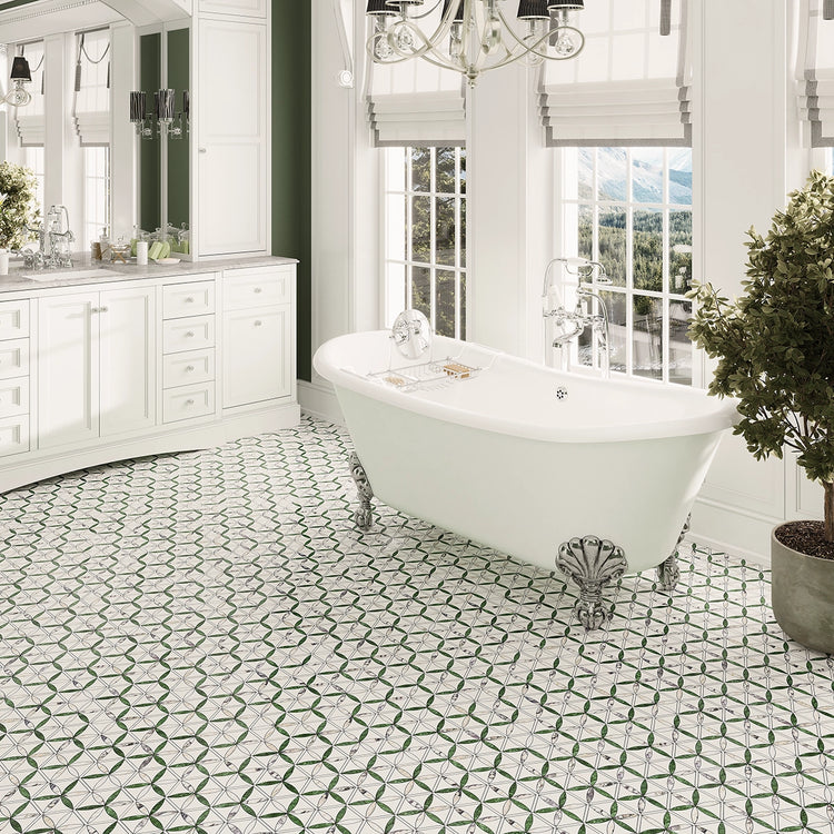 Beautiful green and white marble mosaic bathroom floor