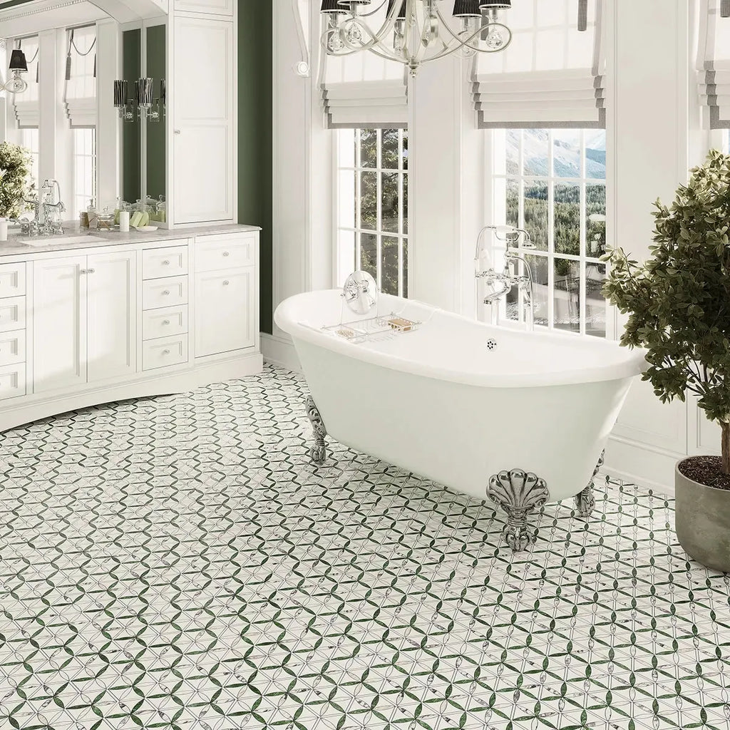 Beautiful green and white marble mosaic bathroom floor