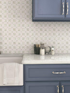 Blue and White Farmhouse Kitchen with White Marble and Shell Backsplash Tile