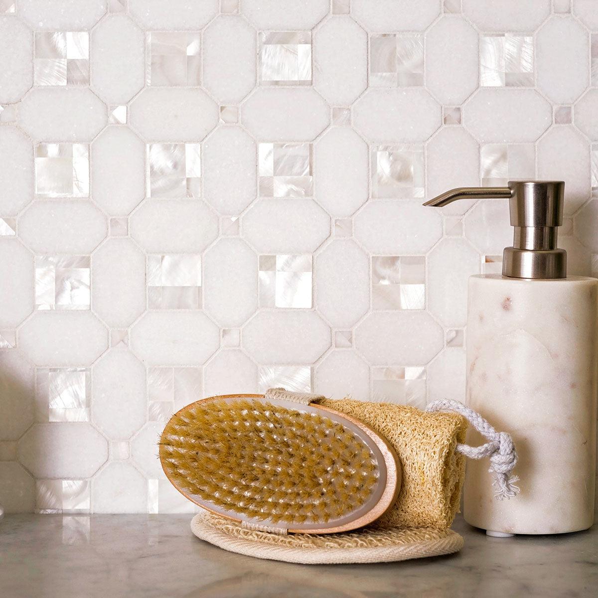 White Marble and Shell Geometric Tile