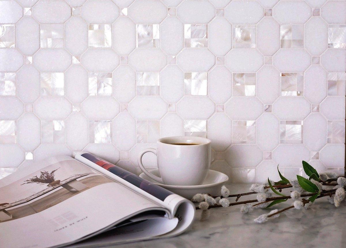 Geometric Pearl White Thassos Shell Tile