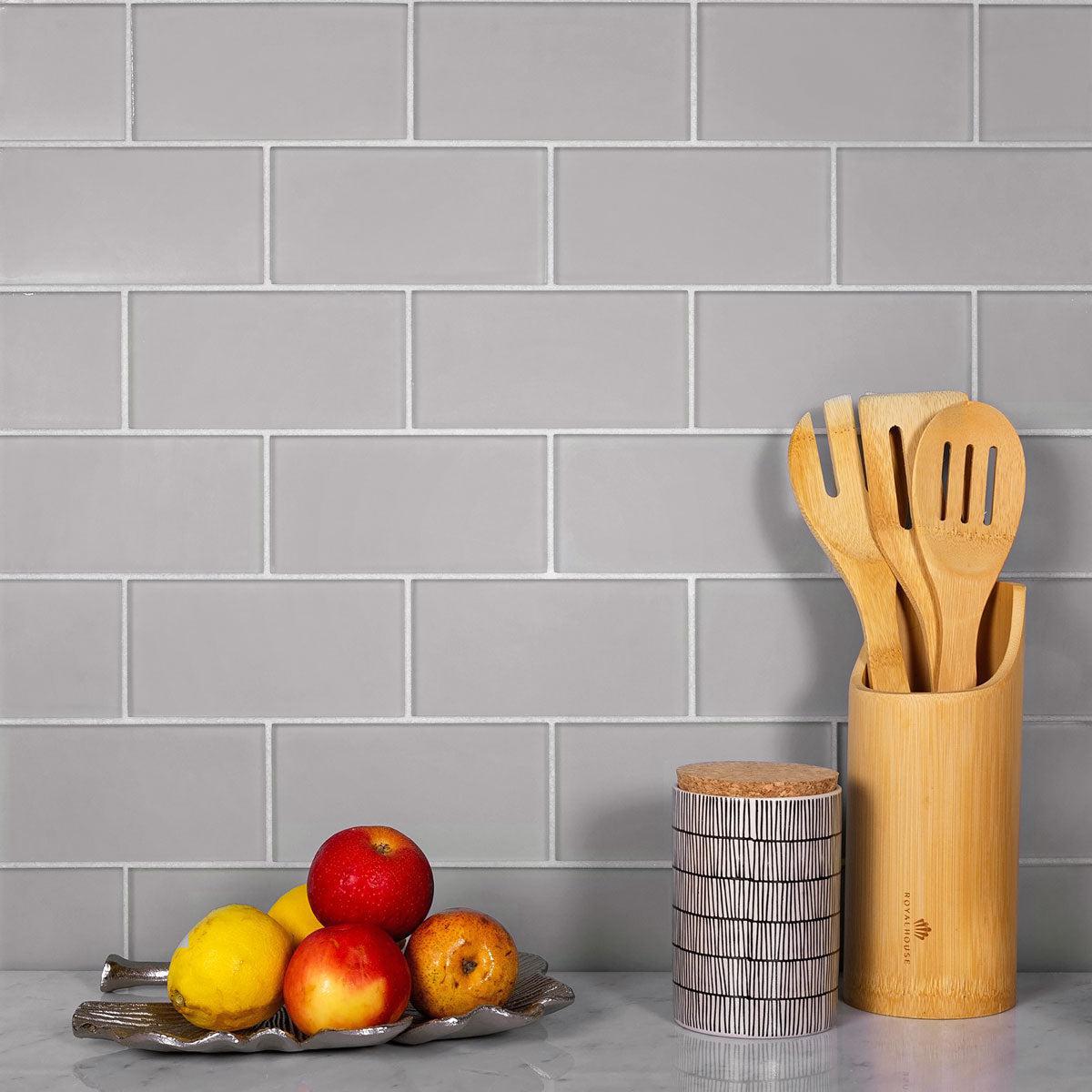 Neutral Kitchen with Glacier Aura Gray 1X1 Frosted Glass Subway Tile Backsplash