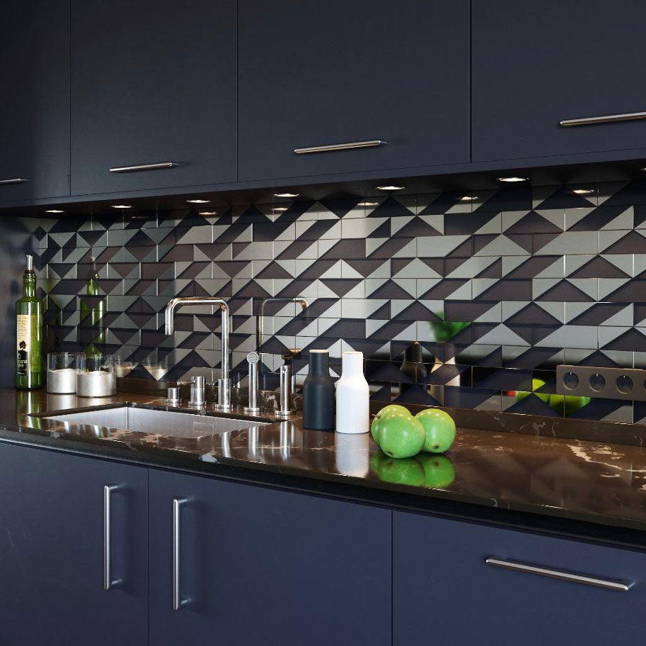 Minimalist Modern Kitchen Design with Gray Deco Brick Glass Mosaic Tile Backsplash