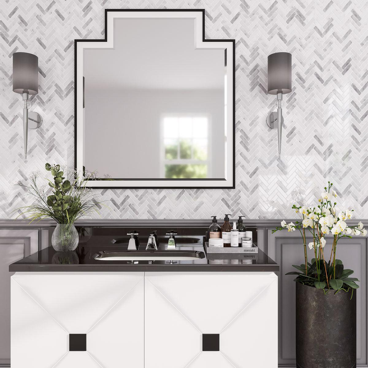 Gray and White Herringbone Vinyl Peel and Stick Tile | Tile Club