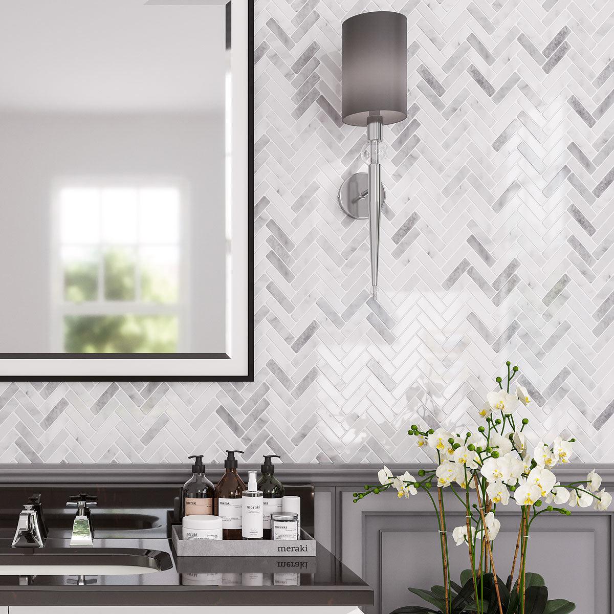 Gray and White Herringbone Vinyl Peel and Stick Tile