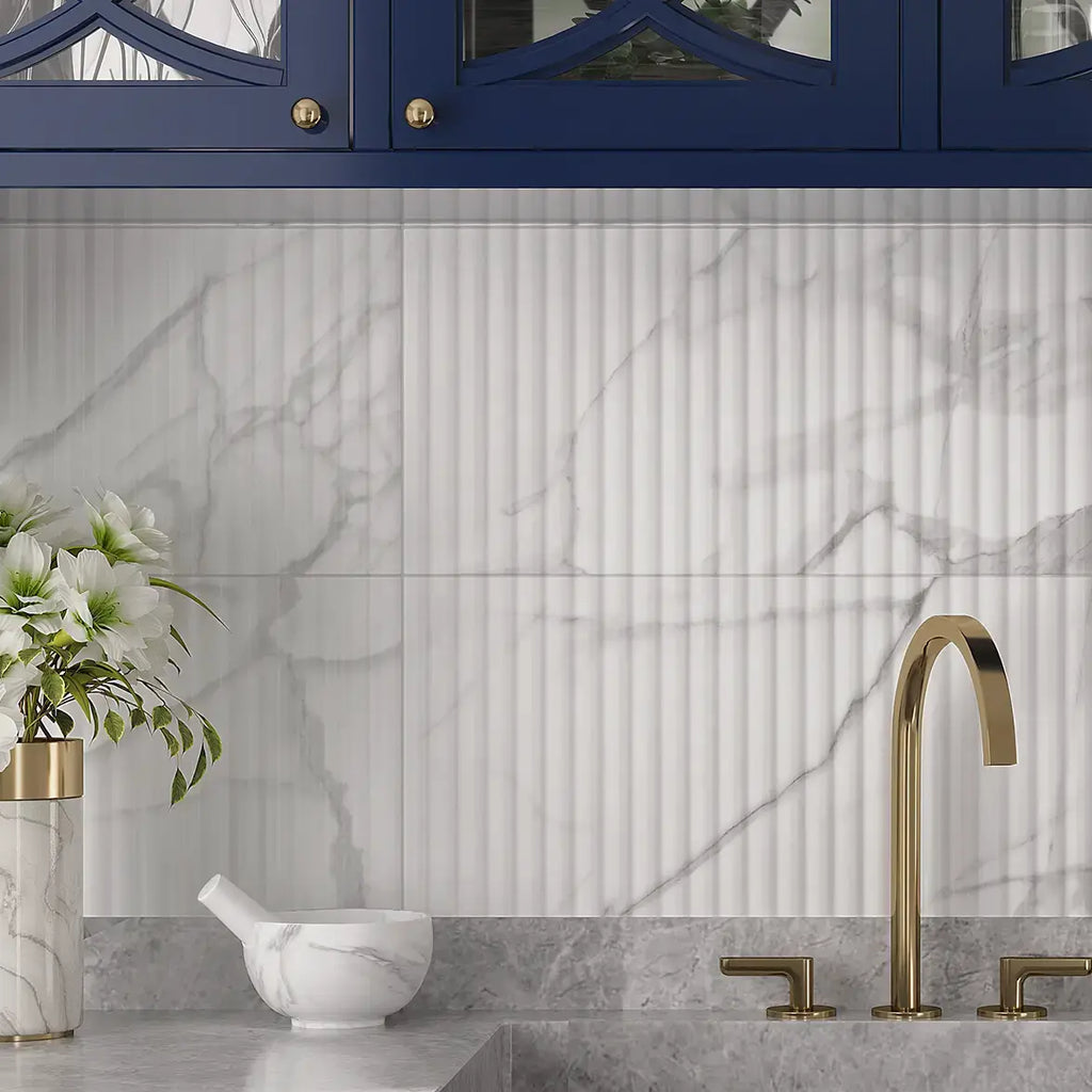 Grazioso Fluted Carrara Ceramic Tile 12x36 Kitchen TIle
