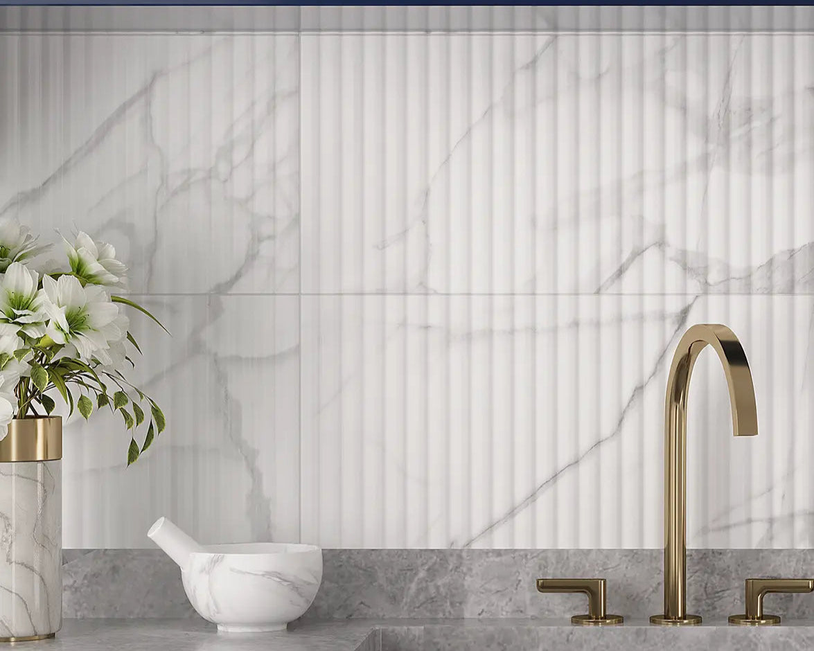 Grazioso Fluted Carrara Ceramic Tile 12x36 Kitchen TIle