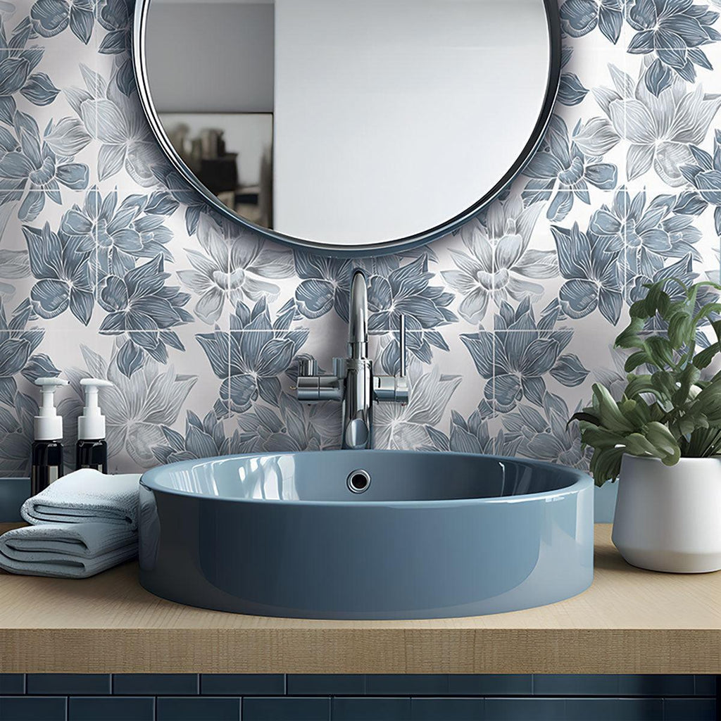 Bluma Floral Blue Etched Marble Mosaic | Tile Club