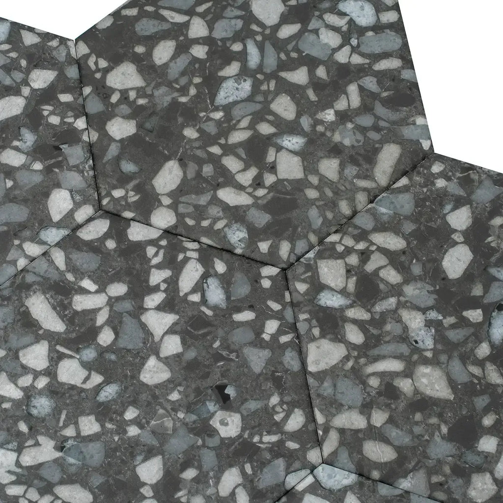 Black and White Chic Terrazzo Hex Porcelain Tile | Tile Club