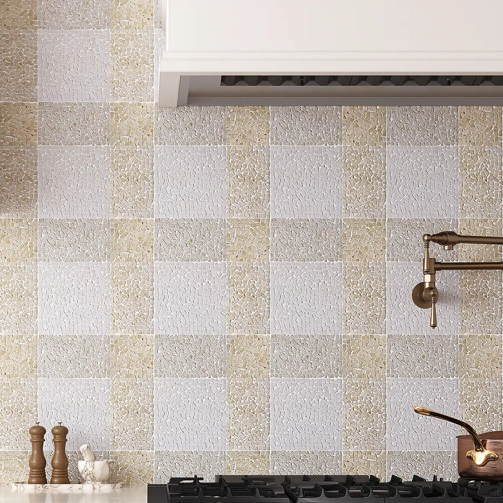 Beige and White Gingham Micro Mosaic Marble Tile | Tile Club