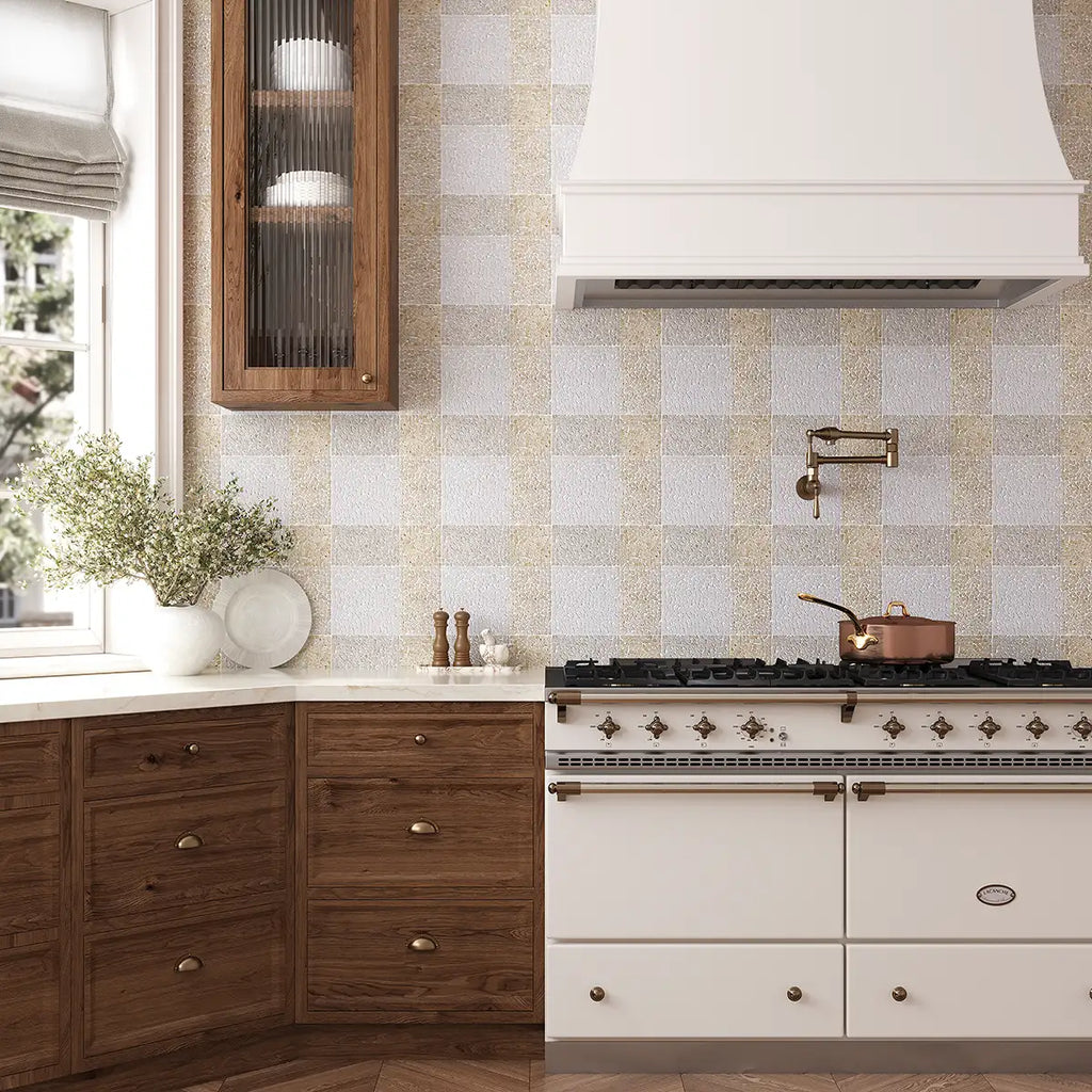 Beige and White Gingham Micro Mosaic Marble Tile | Tile Club