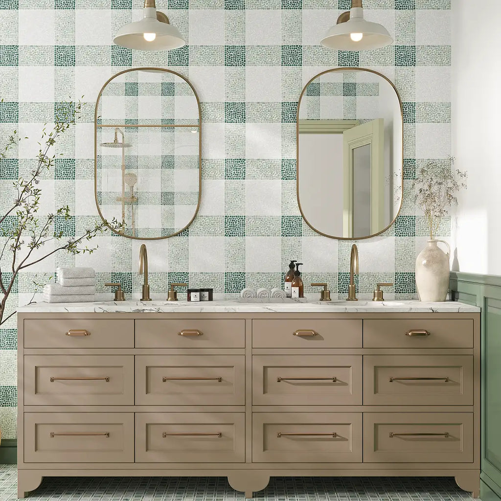 Green and White Gingham Micro Mosaic Marble Tile | Tile Club