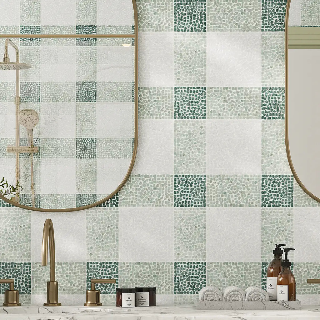Green and White Gingham Micro Mosaic Marble Tile | Tile Club