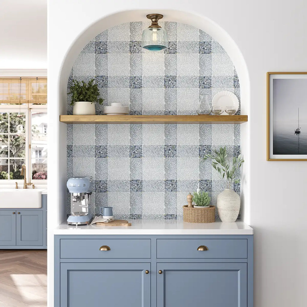 Blue and White Gingham Micro Mosaic Marble Tile | Tile Club