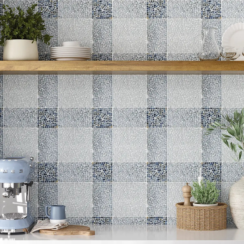 Blue and White Gingham Micro Mosaic Marble Tile | Tile Club
