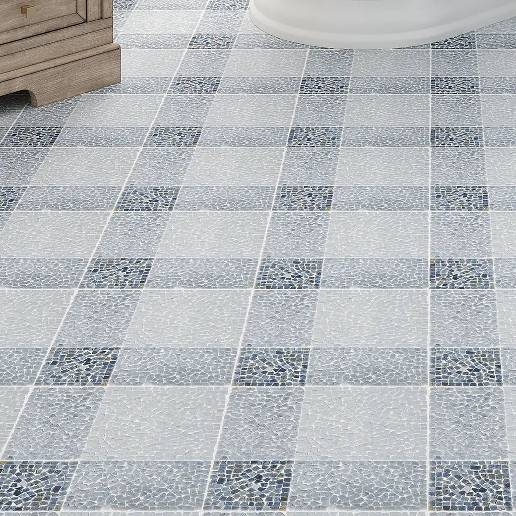 Blue and White Gingham Micro Mosaic Marble Tile | Tile Club