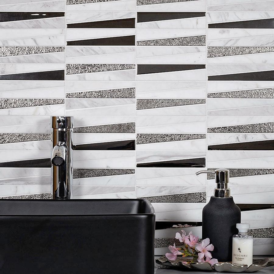 Villa Pyramids White Marble & Glass Mosaic Tile with Modern Black Bathroom Finishes