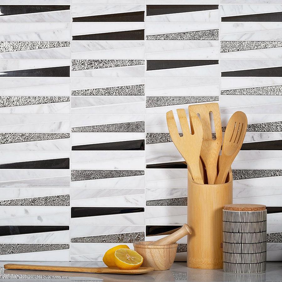 Villa Pyramids White Marble & Glass Mosaic Tile Geometric Kitchen Backsplash