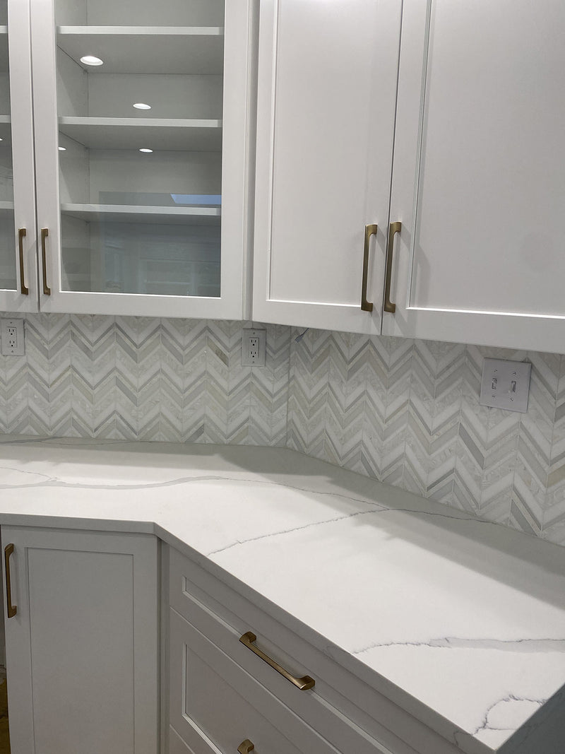 Herringbone Pearl White Thassos Marble and Shell Tile | Tile Club