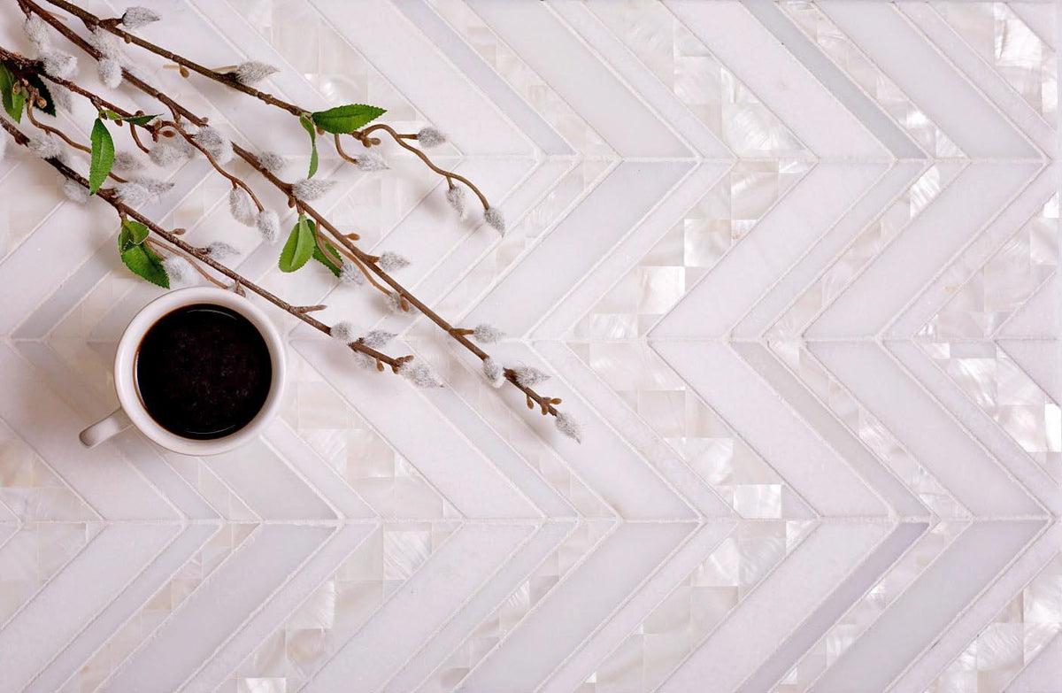Herringbone Pearl White Thassos Shell Tile