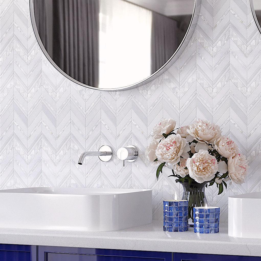 Herringbone Pearl White Thassos Marble and Shell Tile Bathroom Vanity Tile