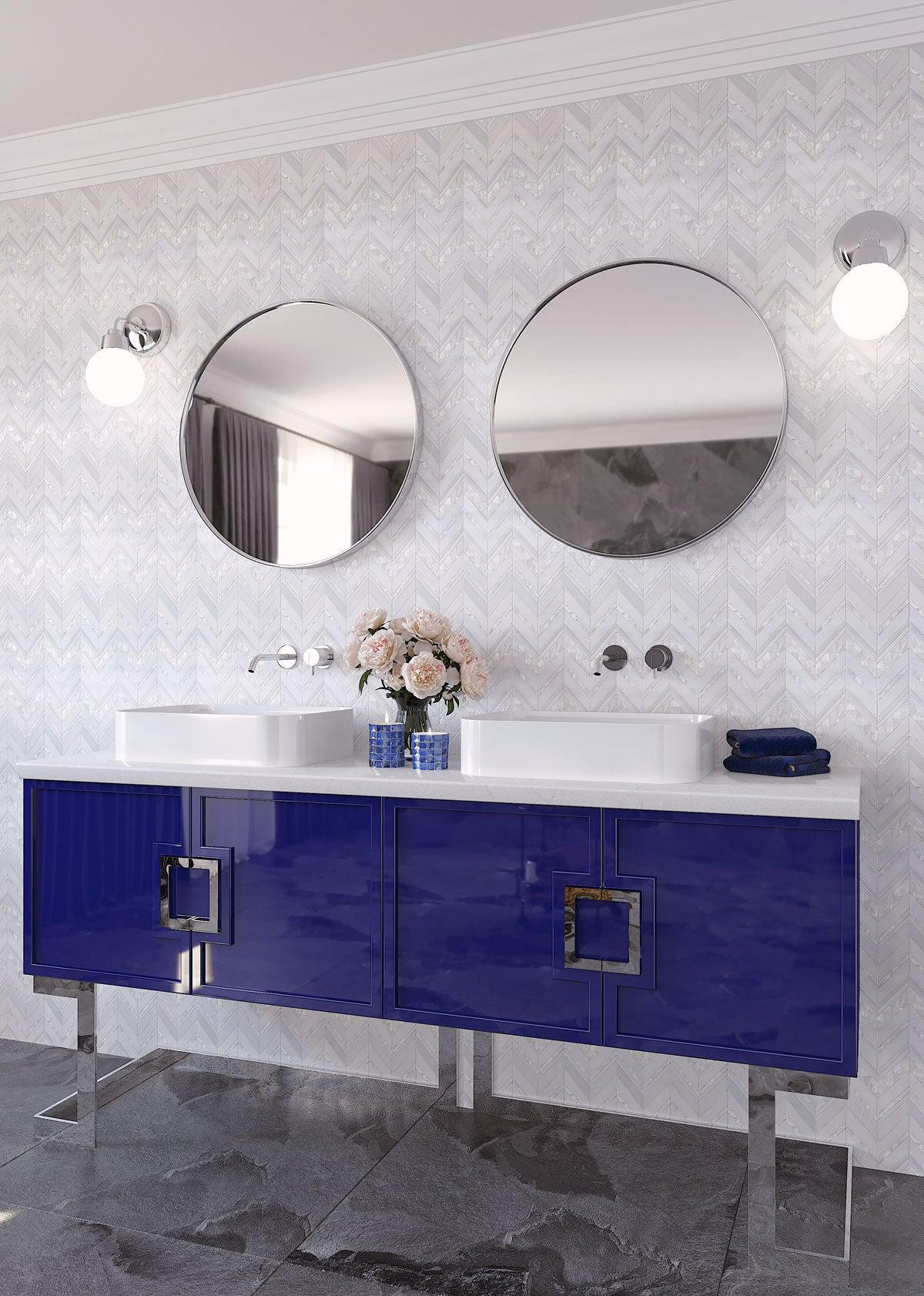 Modern Bathroom Vanity with Herringbone Pearl White Thassos Shell Tile Backsplash