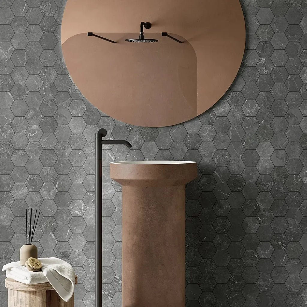 Hoover Graphite Marble 10x12 Porcelain Hexagon Mosaic Tile Bathroom Wall