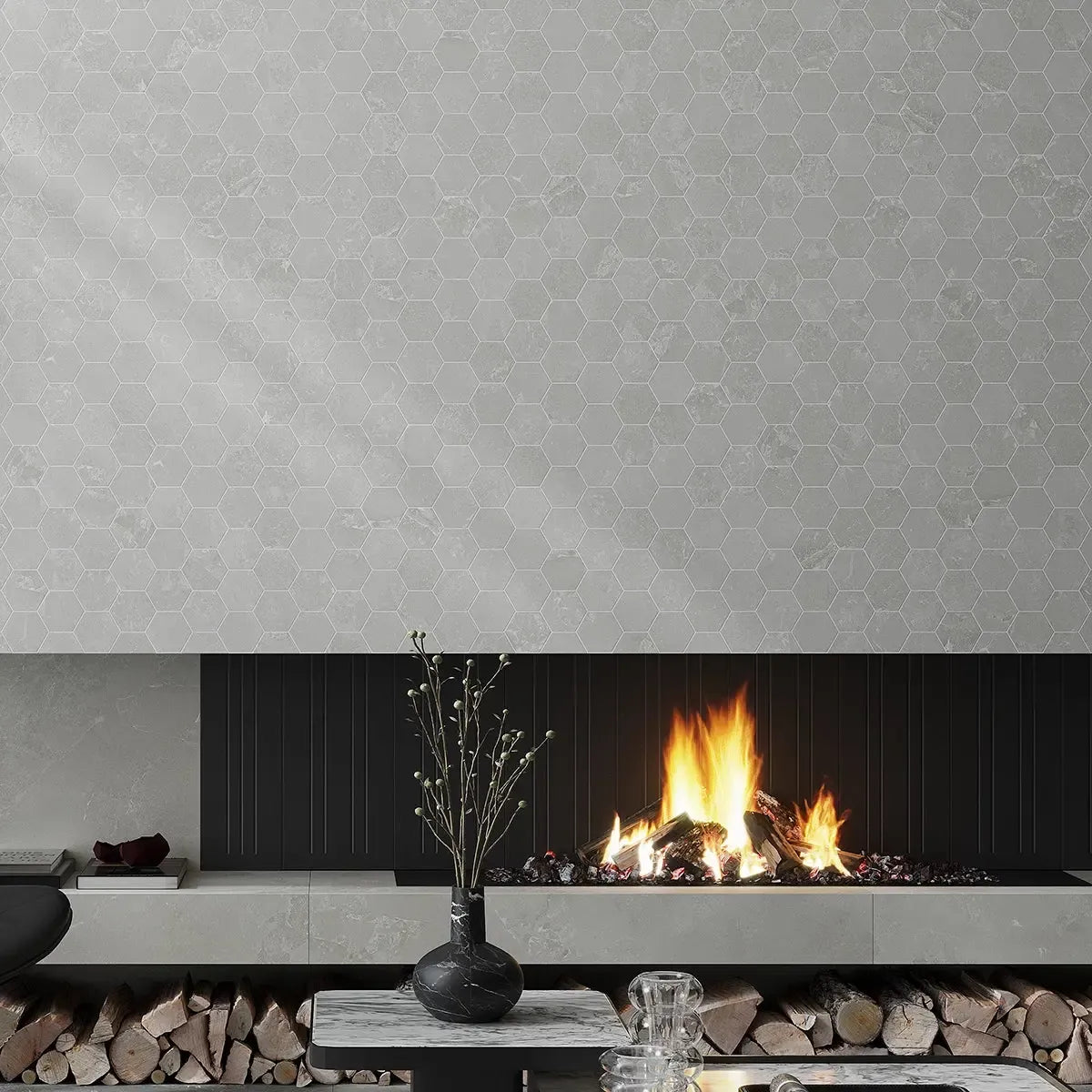 Hoover Gray Marble 10x12 Porcelain Hexagon Mosaic Tile Fireplace Surround