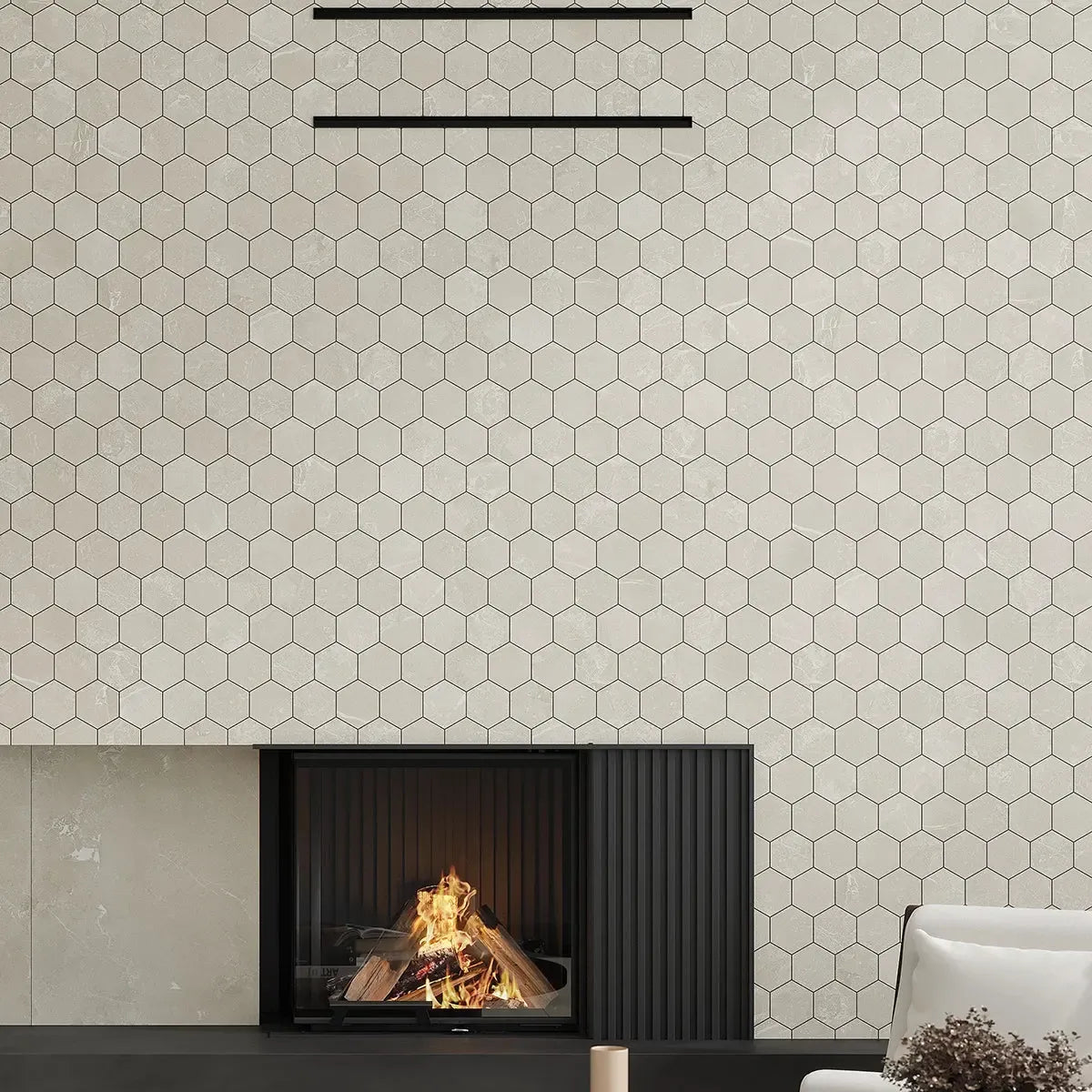 Hoover Ivory Marble 10x12 Porcelain Hexagon Mosaic Tile Fireplace Surround