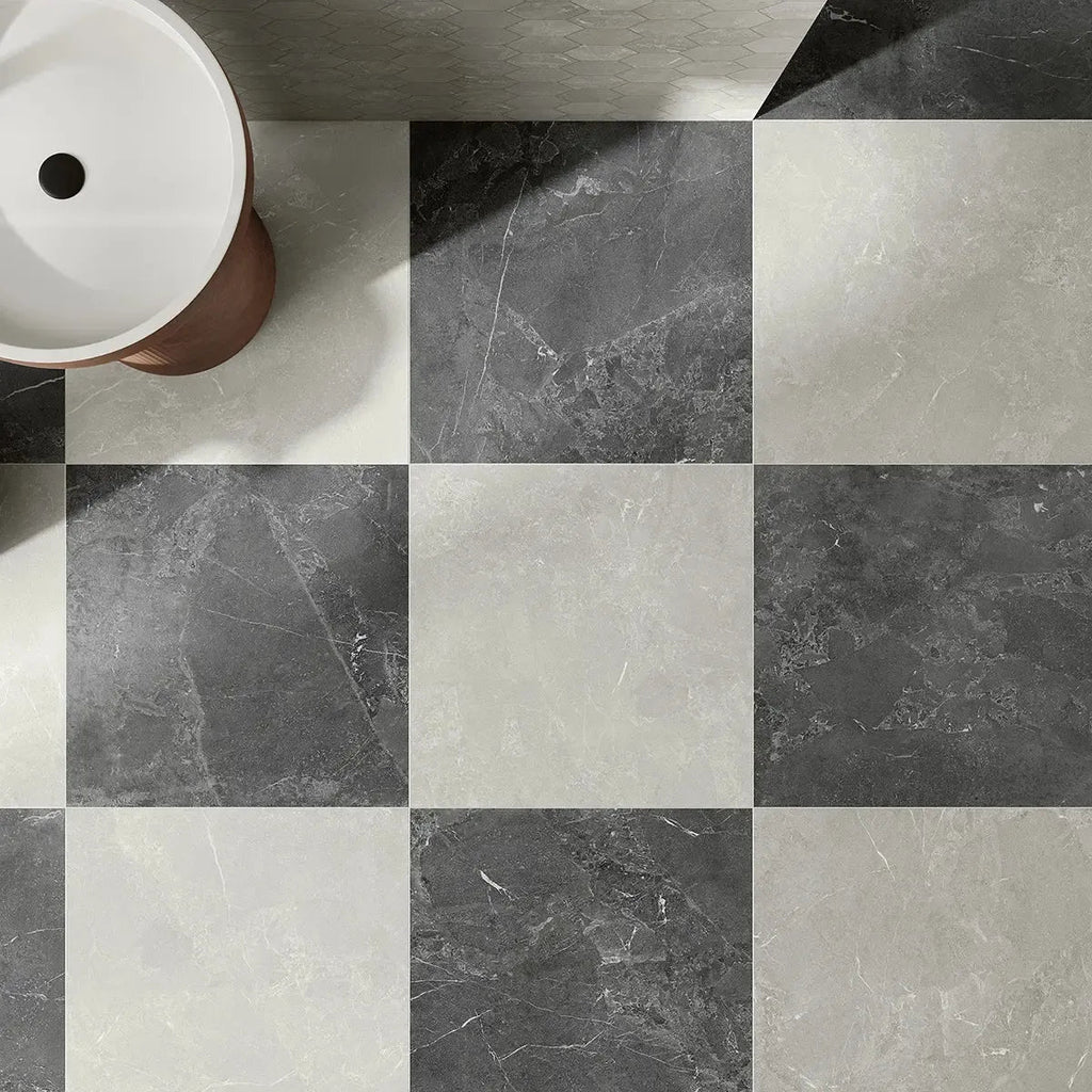 Hoover Graphite Marble & White Marble 24x24 Porcelain Tile Bathroom Flooring