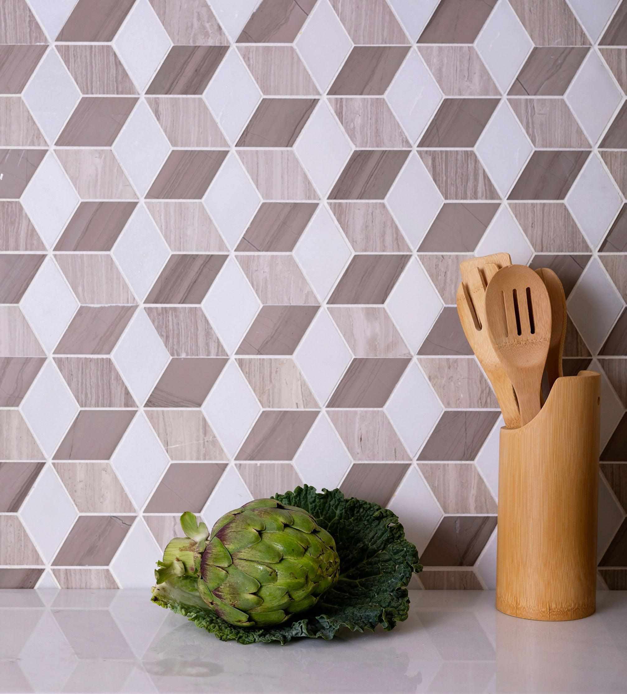 Hudson Cube Wooden Beige Marble Mosaic Tile | Stone Tile