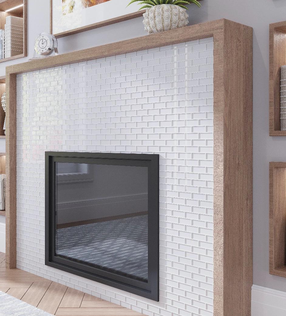 Ice White Glass Brick Tile Fireplace Surround with a Minimalist Wood Mantel