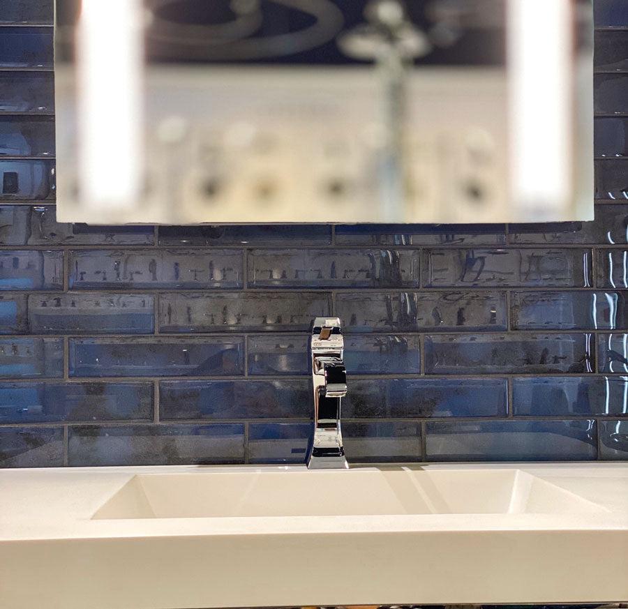 Stardust Blue 2X8 Glass Mosaic Tile Bathroom Vanity Installation